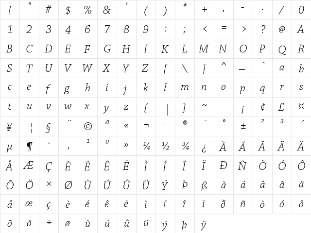 Chaparral Pro Light Italic  glyph index
