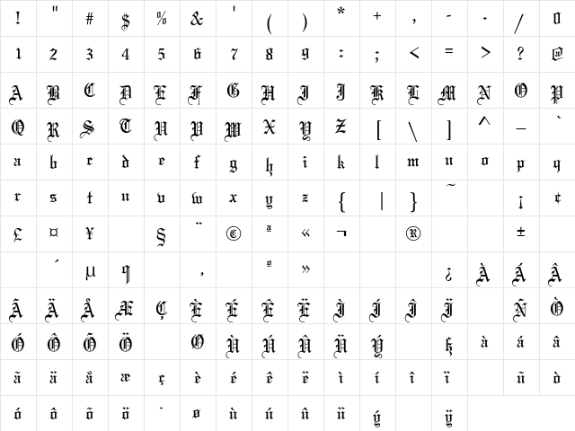 Mariage Regular  glyph index