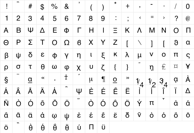 Athens Greek Regular  glyph index