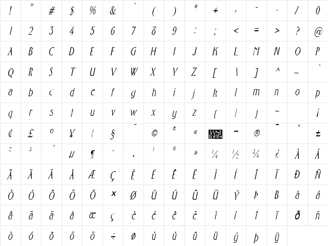 FosterCondensed Italic  glyph index