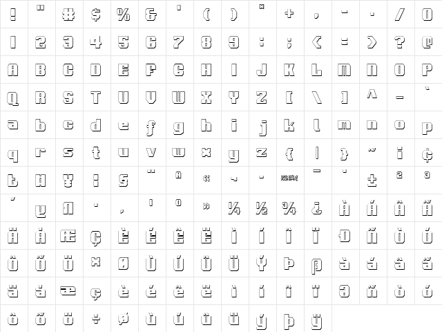 Voortrekker 3D Condensed Condensed  glyph index