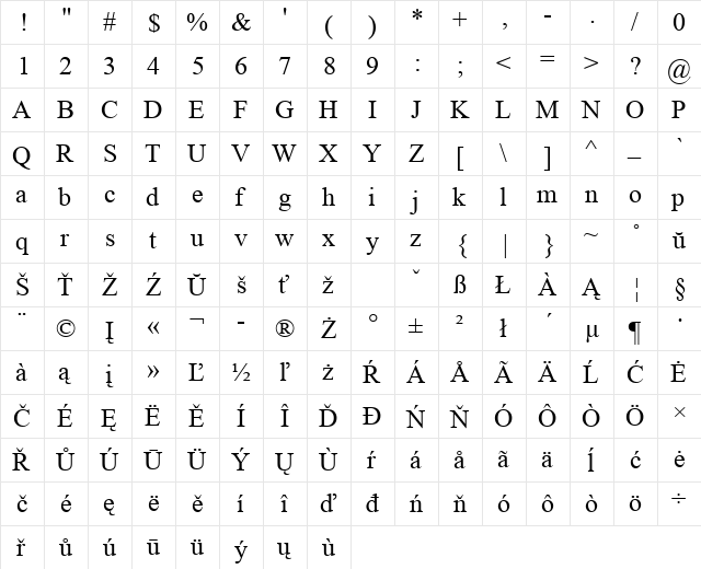 Liborsoft Latin F Regular  glyph index