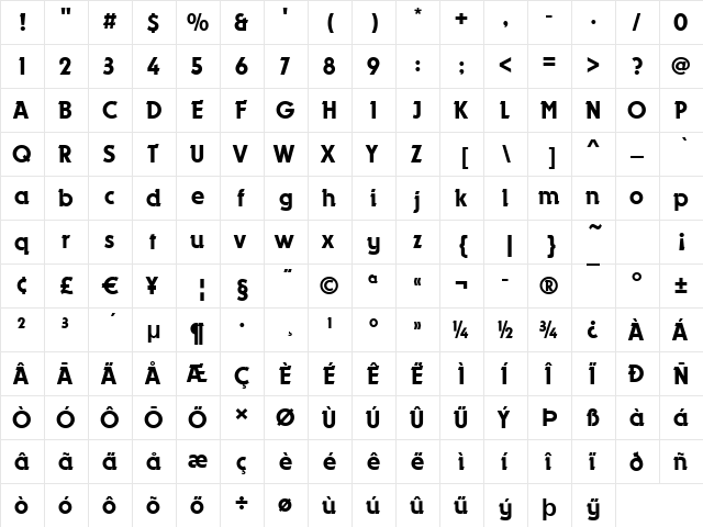 Durango Regular  glyph index