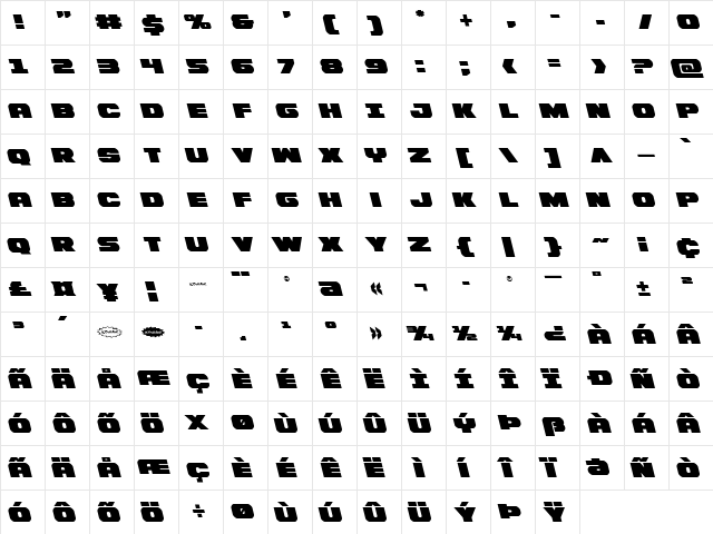 Bummer Leftalic Italic  glyph index