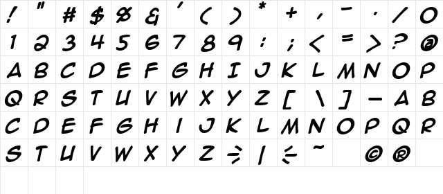 Anime Ace Bold  glyph index