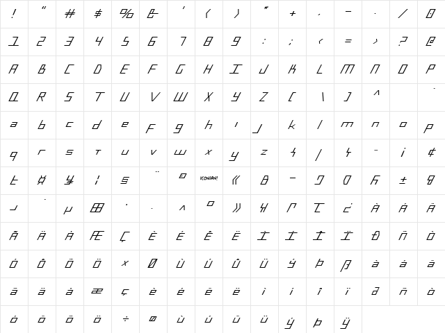 Blue July Regular  glyph index