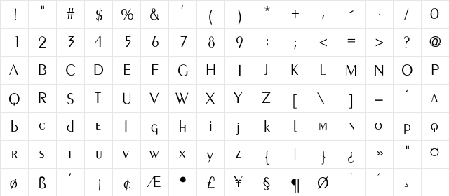 Cove-LIGHT-Thin Regular  glyph index