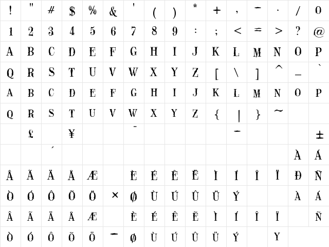 Black Rose Regular  glyph index