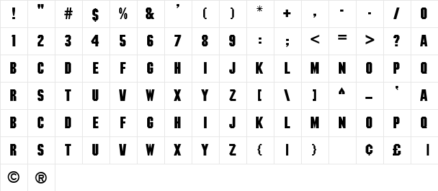 Machined Bold  glyph index