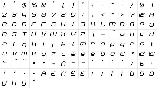 Tektrron Regular  glyph index