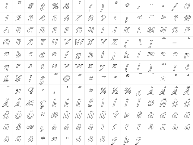 Hussar BdOblOut  glyph index