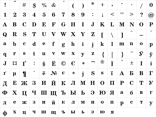 UkrainianSchoolBook Bold  glyph index