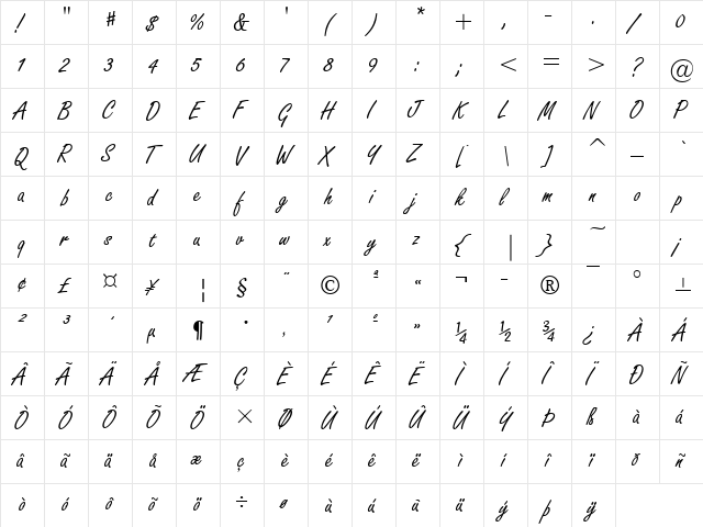 Freehand Regular  glyph index