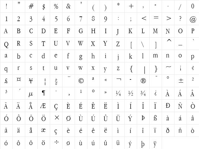 Apple Garamond Light Regular  glyph index
