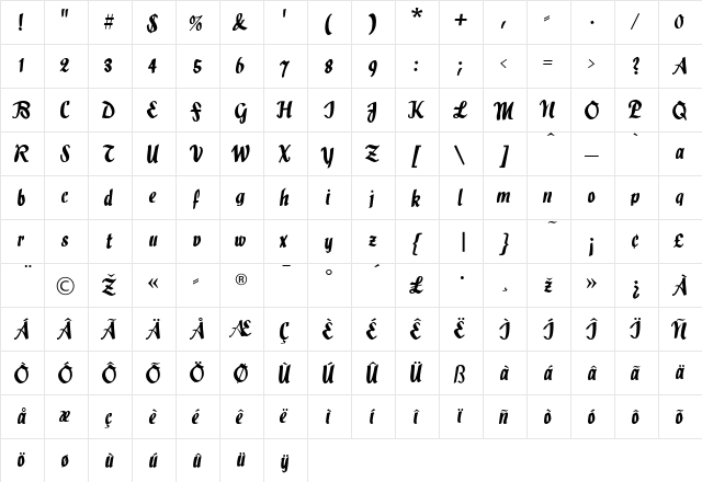 Holla Regular  glyph index