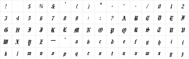 EnglishTowne-Normal Th Italc Italic  glyph index