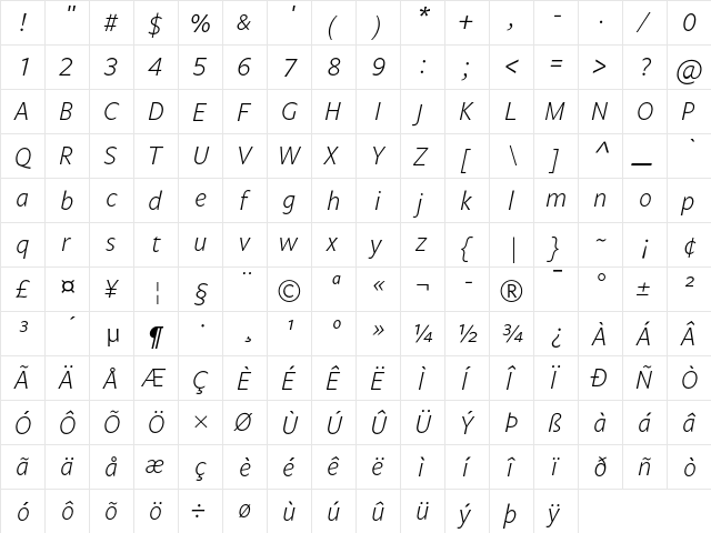 Legato LF Light Italic  glyph index