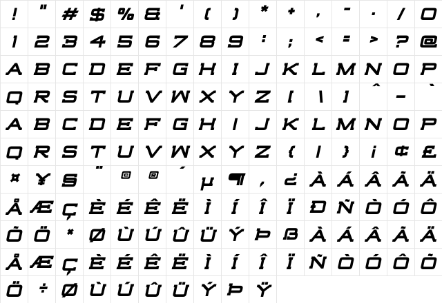 Highjack Bold Italic  glyph index