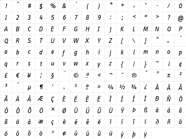 Info Web-Italic Regular  glyph index