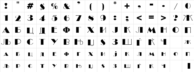 Mak_BroadwayR Regular  glyph index