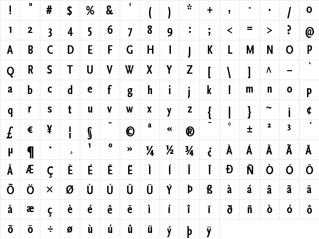 ScalaSans Cond Bold  glyph index