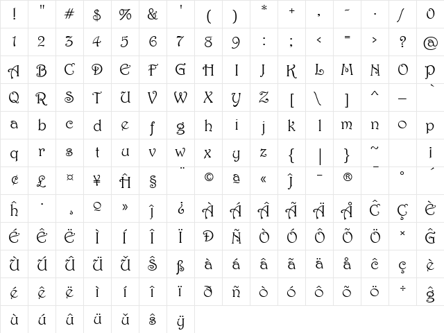Harrington Eo Regular  glyph index