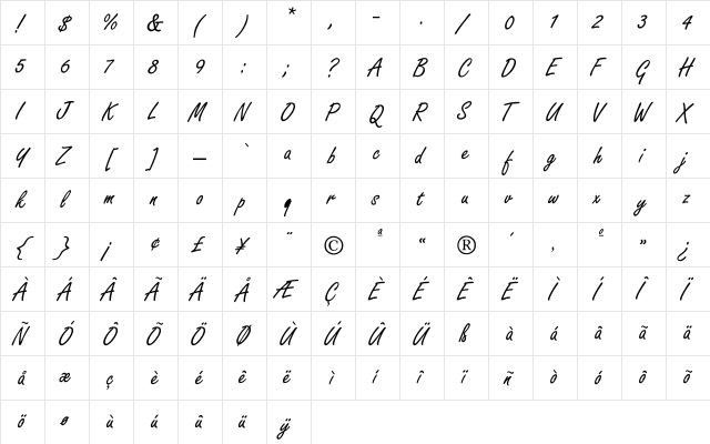Boldstylescript Regular  glyph index