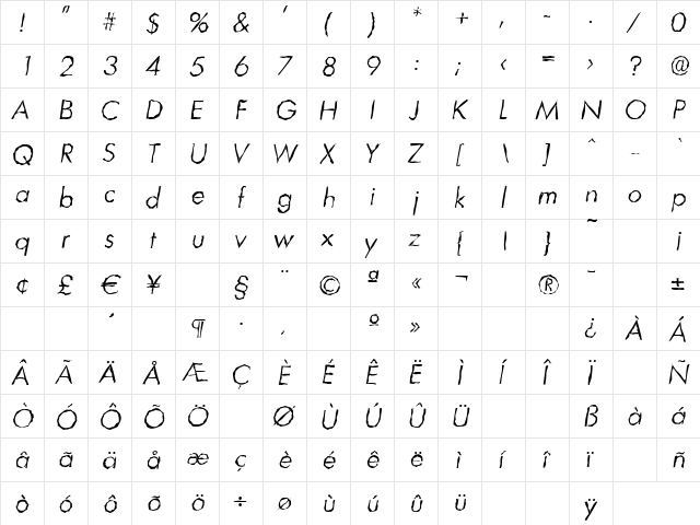 LimerickRandom-Light Italic  glyph index