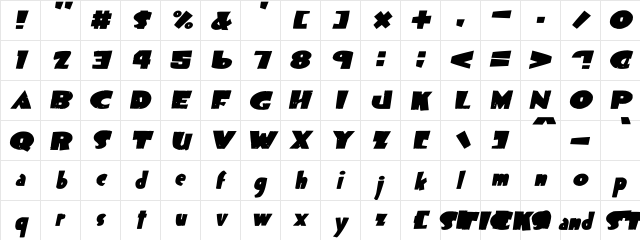 Sticks and Stones Italic  glyph index