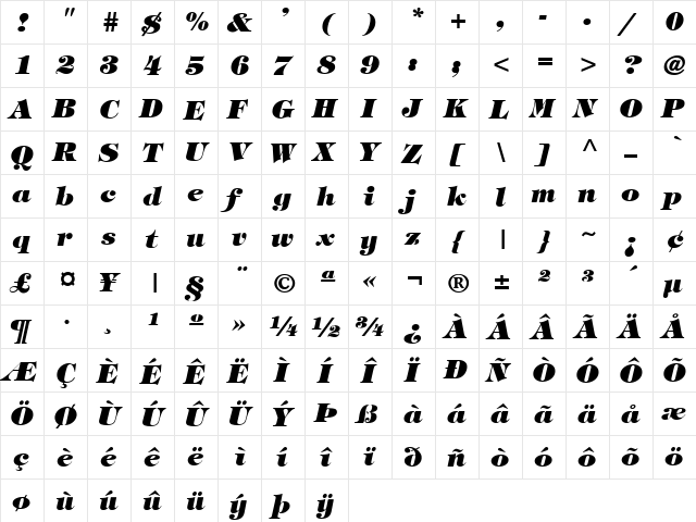 Halverson Heavy Italic  glyph index