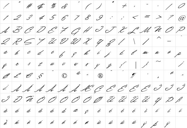 ShirleyScriptJF Regular  glyph index