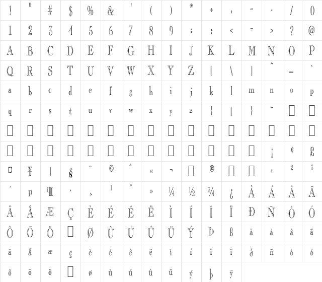 BD Engraved Narrow Regular  glyph index