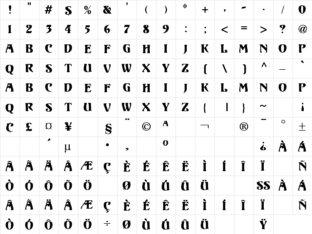 Unicorn Regular  glyph index