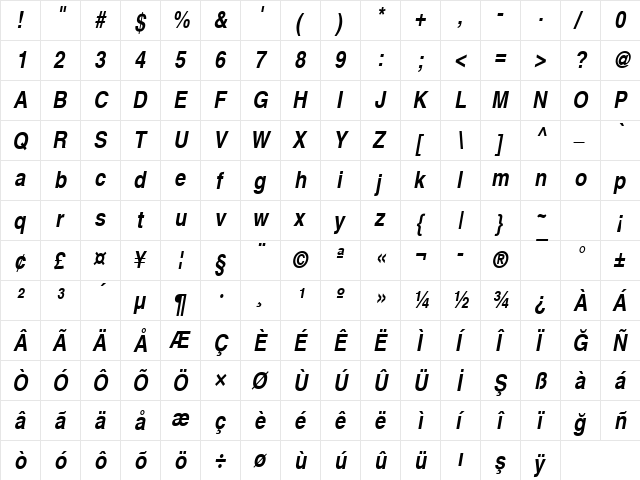 NimbusSanLTUCon Bold Italic  glyph index