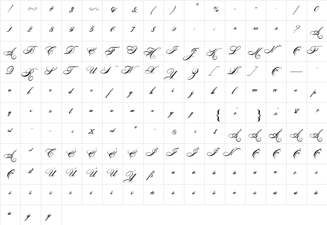 Helena Script ES Regular  glyph index