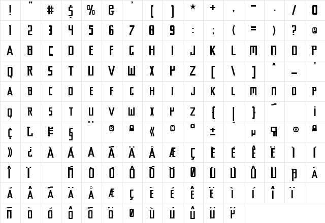 Chyelovek Regular  glyph index