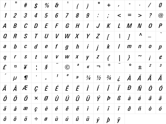 LinotypeUnivers CondMediumItalic  glyph index
