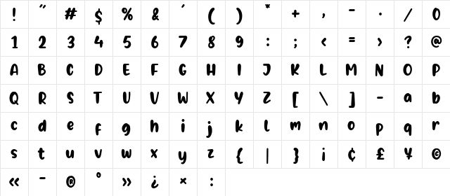 Bright Orchid Regular  glyph index