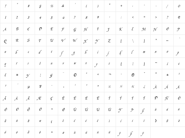 Ophelia Regular  glyph index