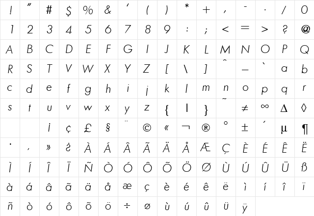 FunctionTwoLight RegularItalic  glyph index