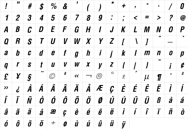 Hallmarke CondBoldOblique  glyph index