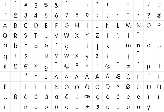 VolkswagenSerial-Light Regular  glyph index