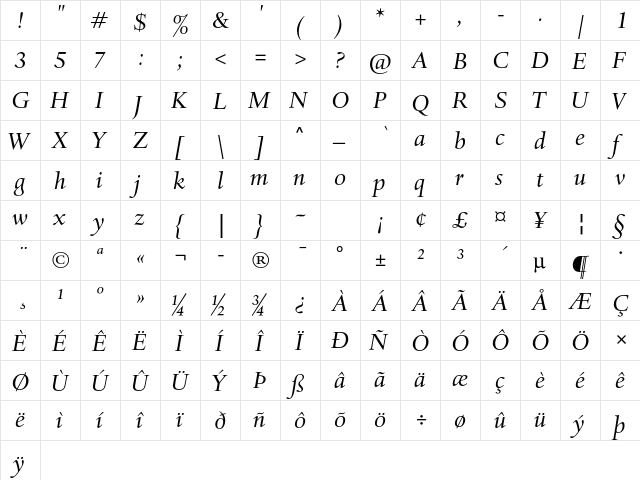 Haarlemmer MT Std Italic  glyph index