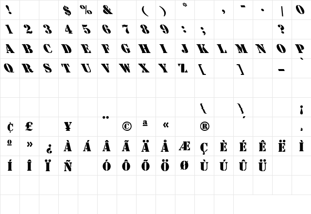 Stenciled Out Left Regular  glyph index