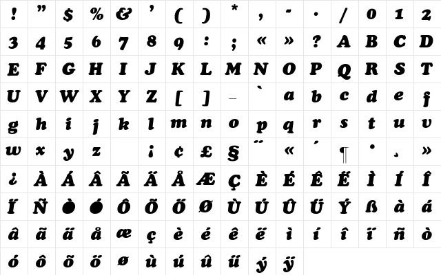 Cooper_Black-Italic Regular  glyph index