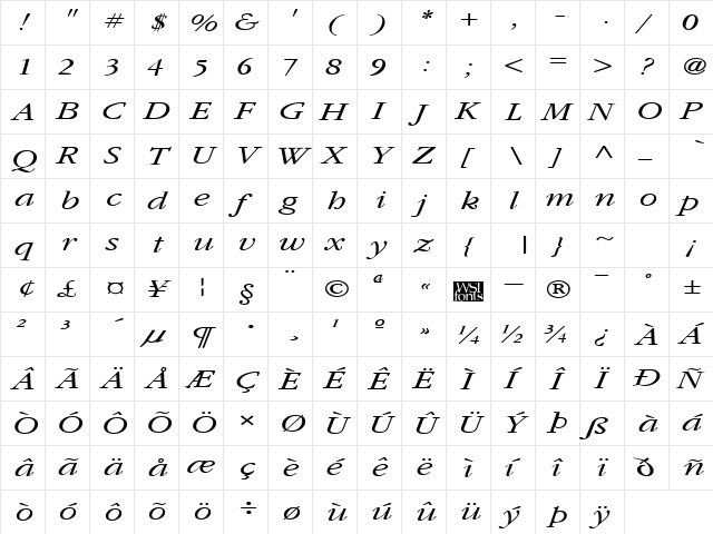 GarnetBroad Italic  glyph index