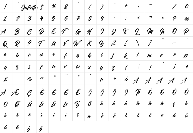 Julietta Regular  glyph index