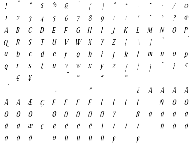 Effloresce Italic  glyph index