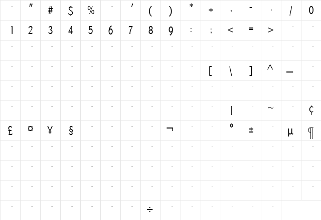 DundeeLightCondTab Regular  glyph index
