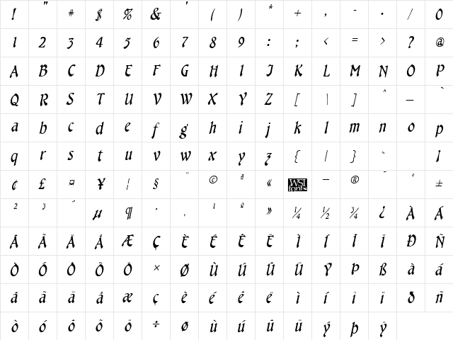 Cheshire Italic  glyph index